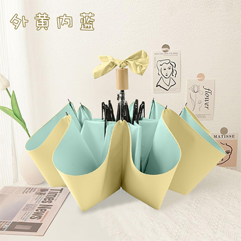 Hengdun Macaron two-color spline three-fold umbrella, wooden handle, black rubber UV-resistant sun umbrella UPF50+ Gentle color contrast portable folding female student sun umbrella, supports custom LOGO Item Picture