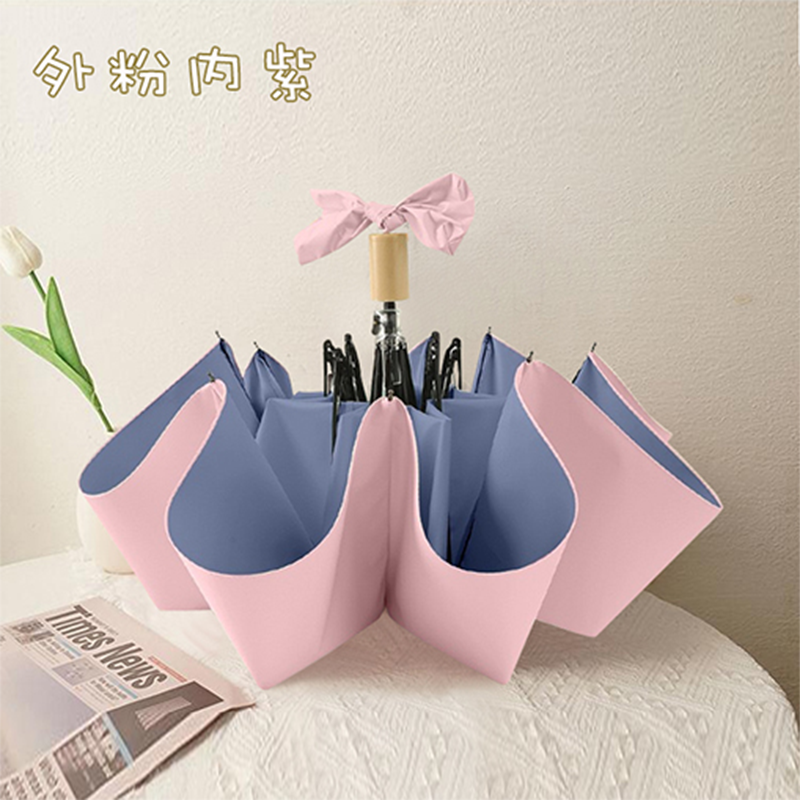 Hengdun Macaron two-color spline three-fold umbrella, wooden handle, black rubber UV-resistant sun umbrella UPF50+ Gentle color contrast portable folding female student sun umbrella, supports custom LOGO details Picture