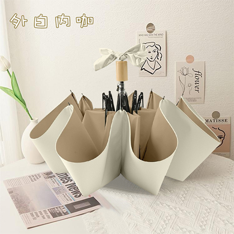 Hengdun Macaron two-color spline three-fold umbrella, wooden handle, black rubber UV-resistant sun umbrella UPF50+ Gentle color contrast portable folding female student sun umbrella, supports custom LOGO Application Scenario