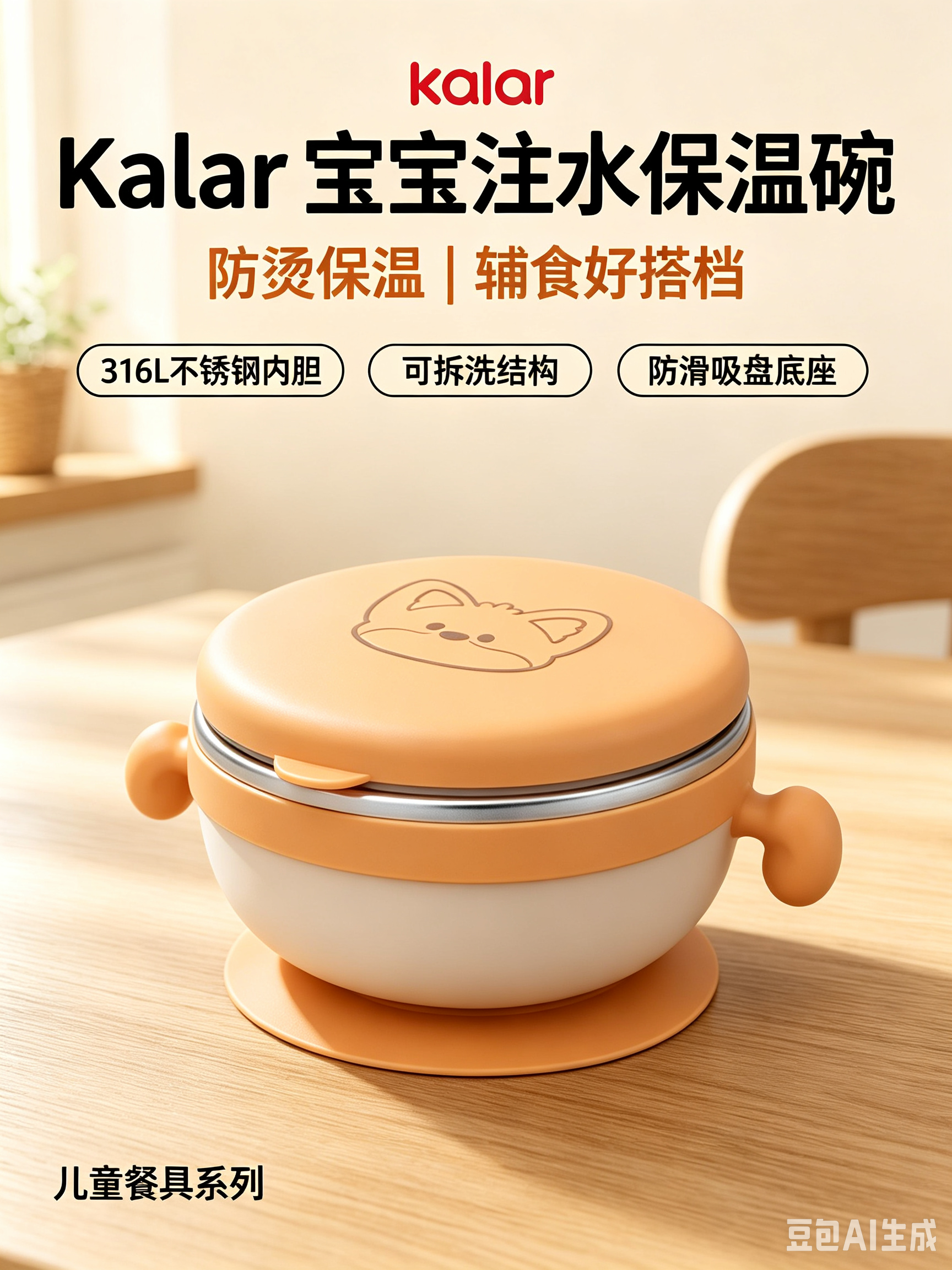 kalar注水保温碗防滑多用途食品级儿童用碗盘不锈钢餐具婴儿硅胶餐具婴儿餐具套装