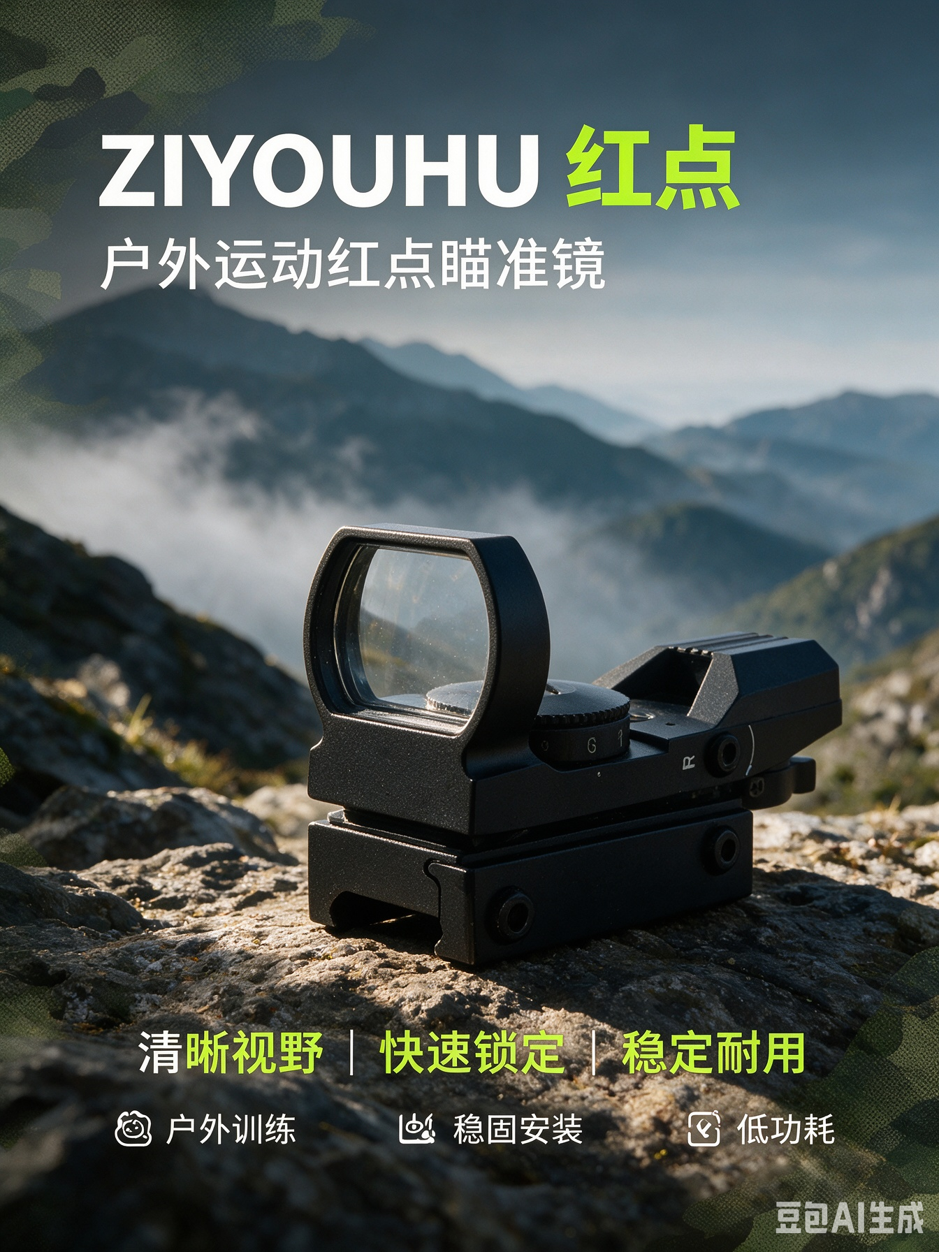 Black red dot sight, rock, mountain, fog scene, handheld action camera, rotating turntable, Photobooth