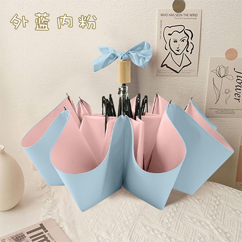 Hengdun Macaron two-color spline three-fold umbrella, wooden handle, black rubber UV-resistant sun umbrella UPF50+ Gentle color contrast portable folding female student sun umbrella, supports custom LOGO Specification image