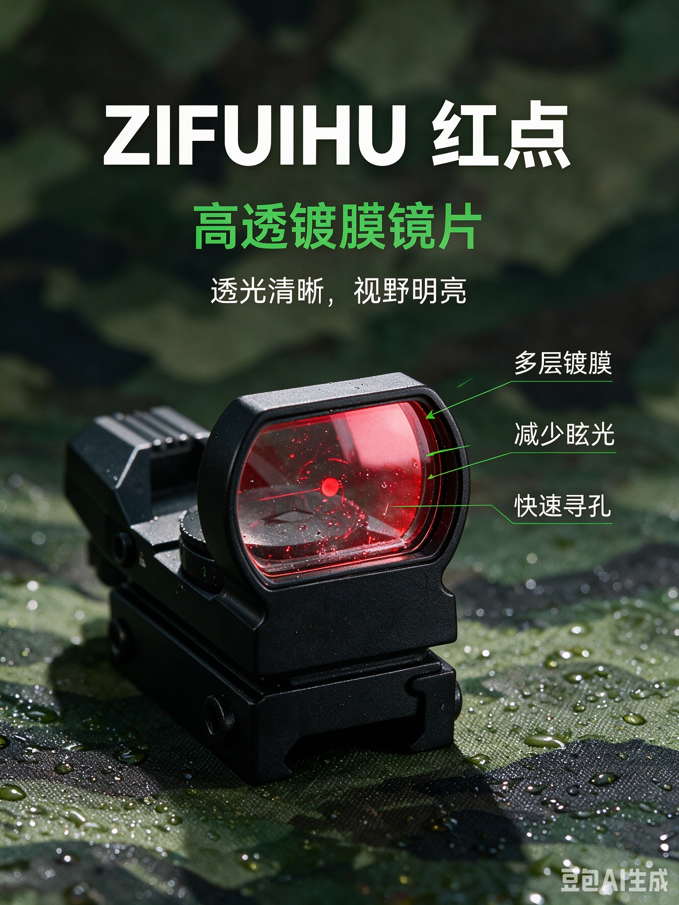 Black red dot sight, rock, mountain, fog scene, handheld action camera, rotating turntable, Photobooth details Picture