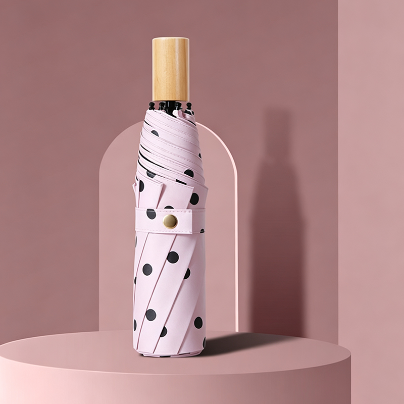 Hengdun retro polka dot wooden handle three-fold umbrella black rubber UV protection sun umbrella UPF50 + all-weather umbrella portable folding sunshade umbrella Women reinforced umbrella frame Windproof and anti-storm umbrella supports customization details Picture