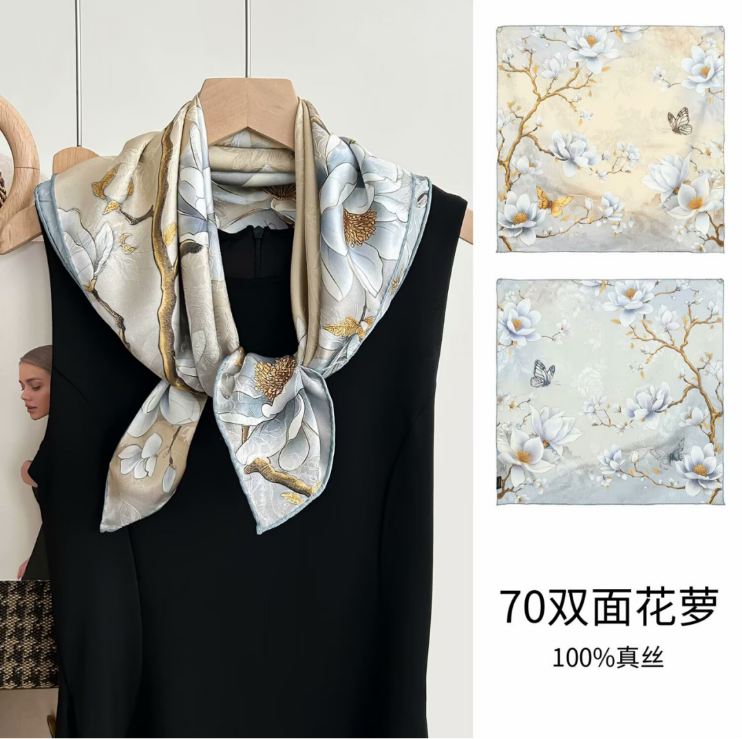 70真丝双面花萝浅蓝白玉兰花图案真丝围巾图