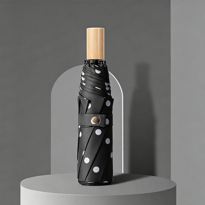 Hengdun retro polka dot wooden handle three-fold umbrella black rubber UV protection sun umbrella UPF50 + all-weather umbrella portable folding sunshade umbrella Women reinforced umbrella frame Windproof and anti-storm umbrella supports customization Specification image