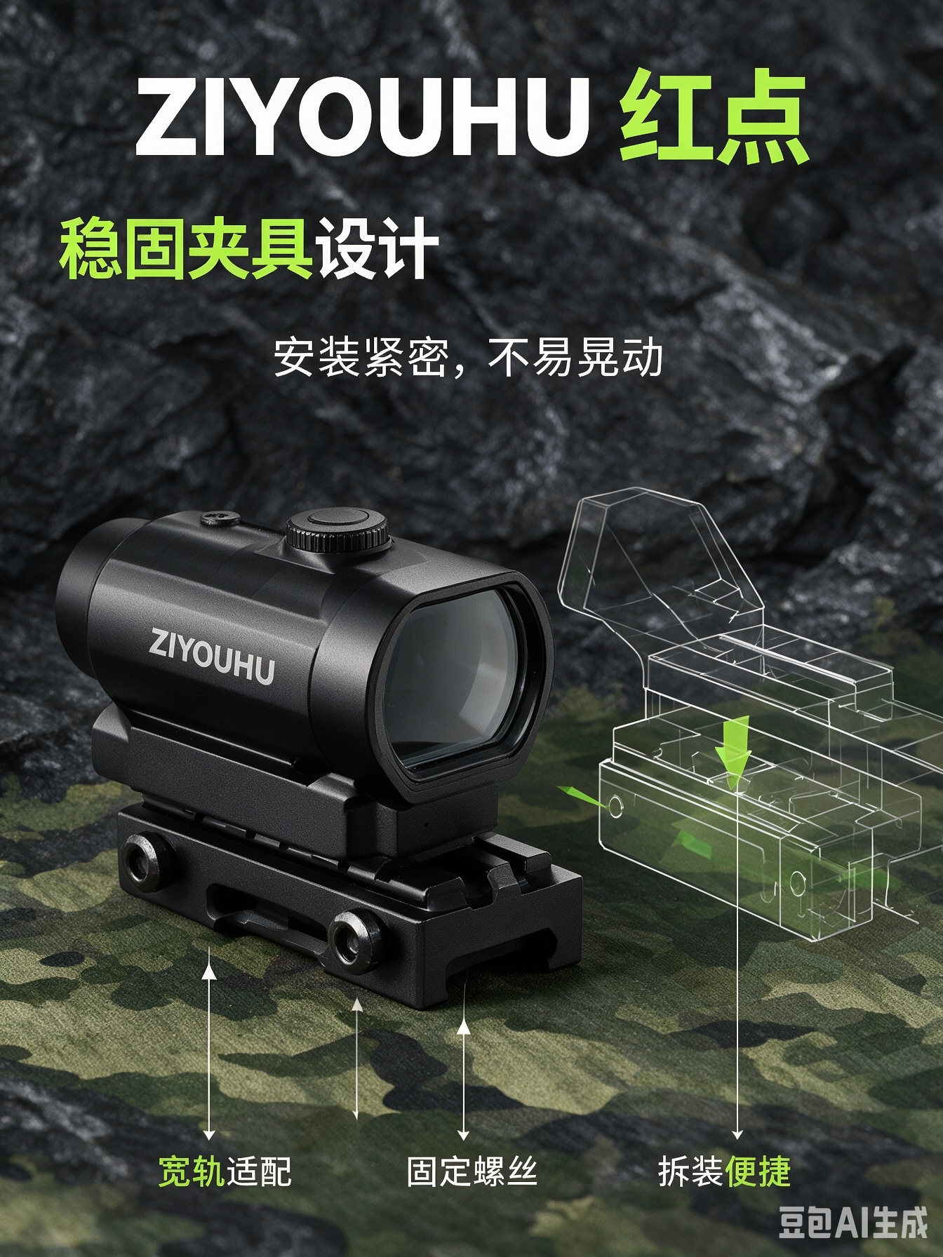 Black red dot sight, rock, mountain, fog scene, handheld action camera, rotating turntable, Photobooth Application Scenario