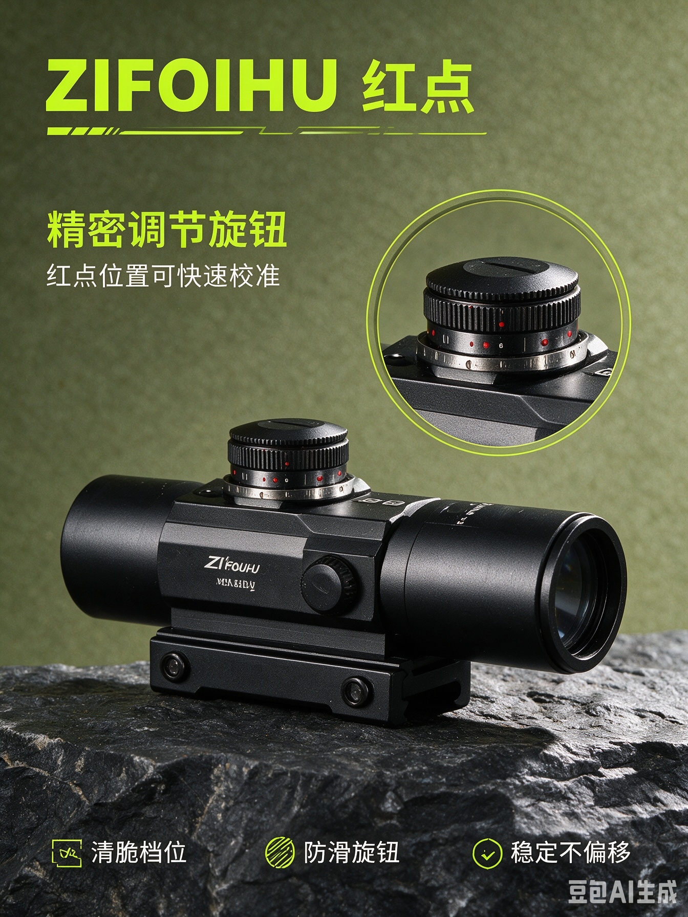 Black red dot sight, rock, mountain, fog scene, handheld action camera, rotating turntable, Photobooth Specification image