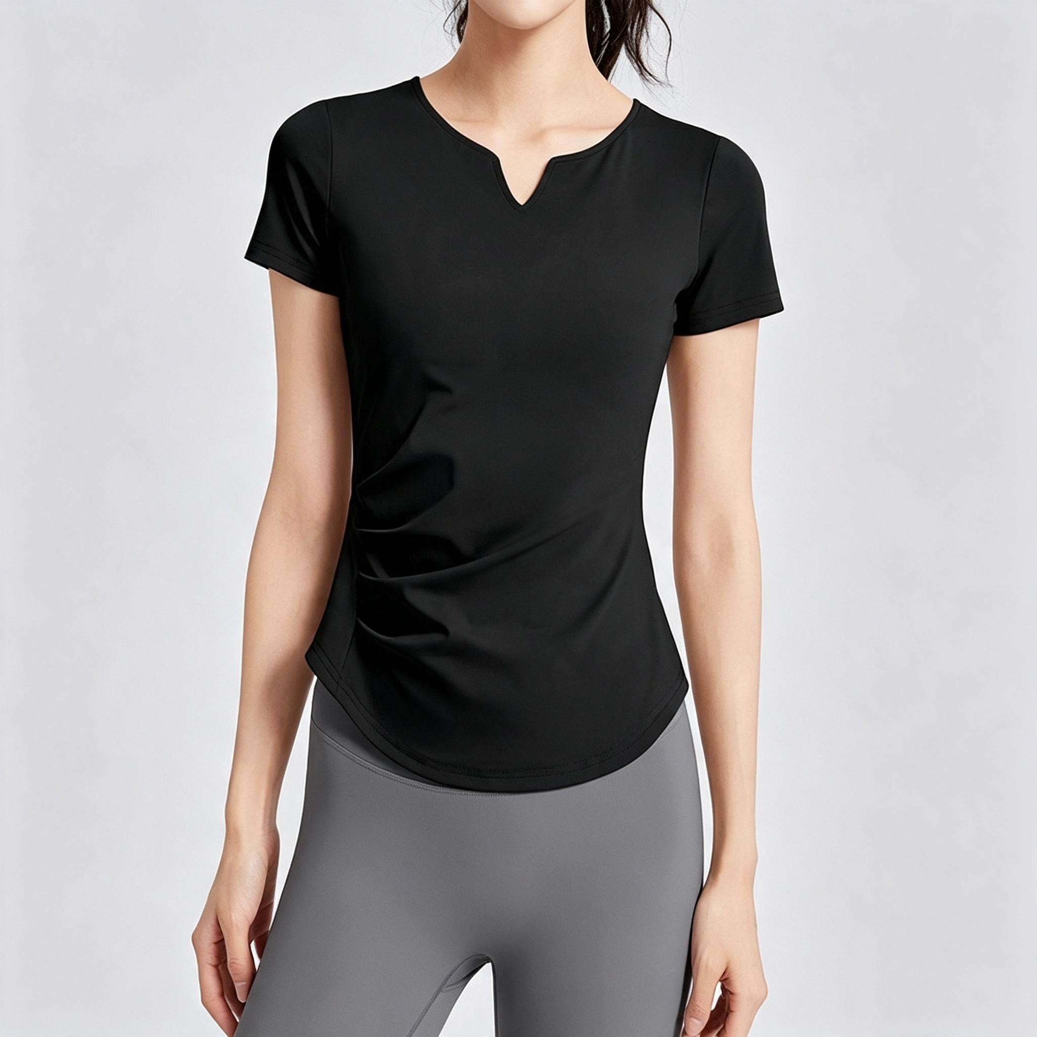 2026 Summer New V-neck pleated yoga wear, short-sleeved women's fixed cup slimming exercise and fitness top T-shirt Item Picture