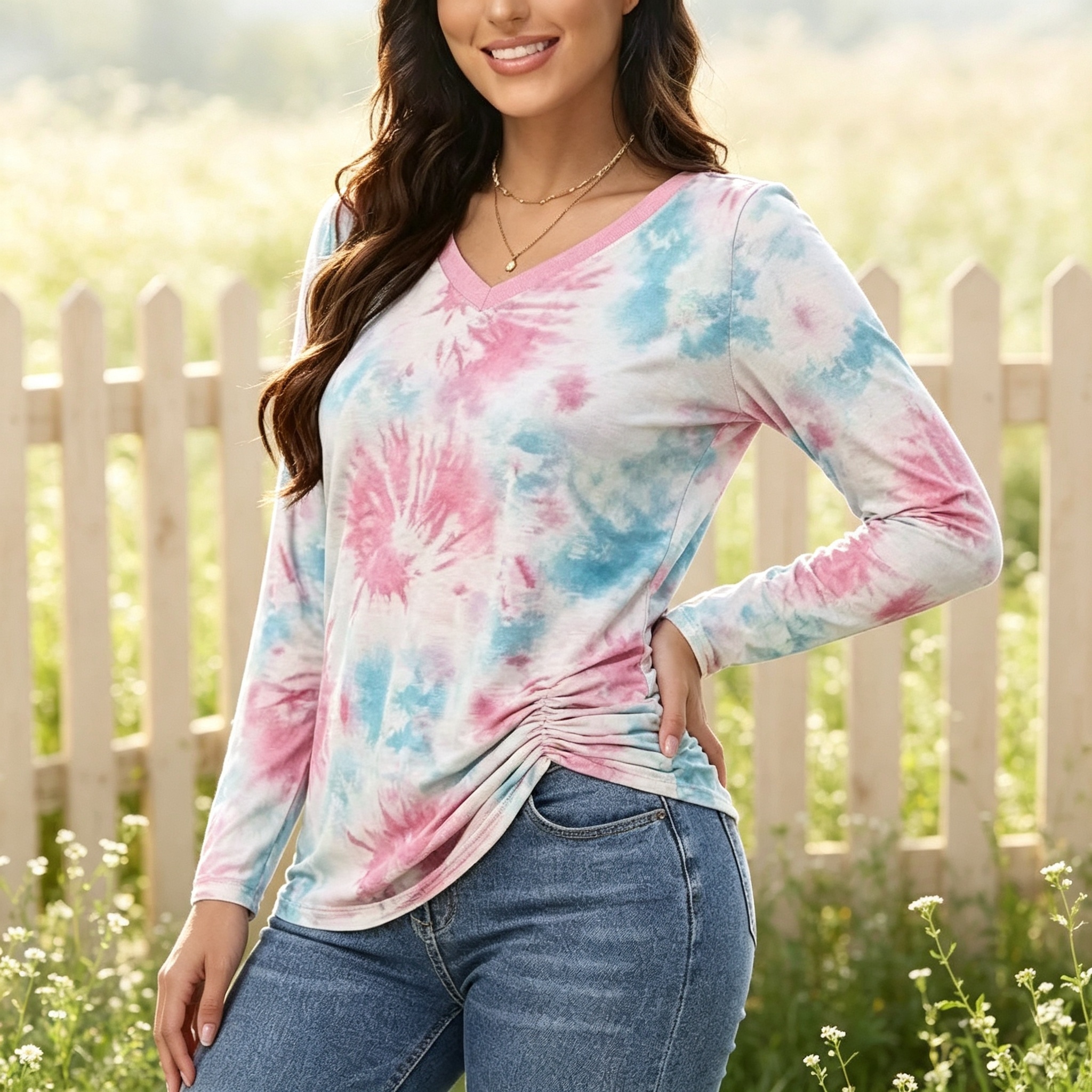 European and American women's clothing 2026 Spring/Autumn New style fashionable and elegant vortex tie-dye printed loose V-neck T-shirt Application Scenario