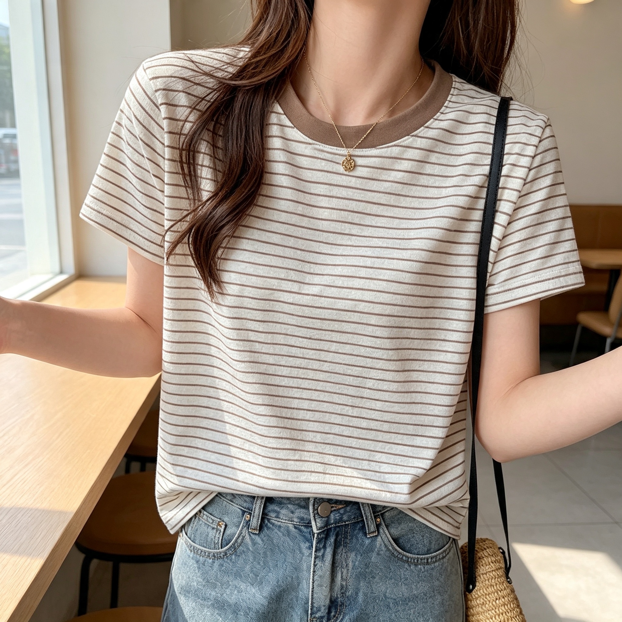 A small round-neck loose, color-blocking striped off-the-shoulder short-sleeved T-shirt for women's wear, a new Korean-style, versatile, school-like casual top