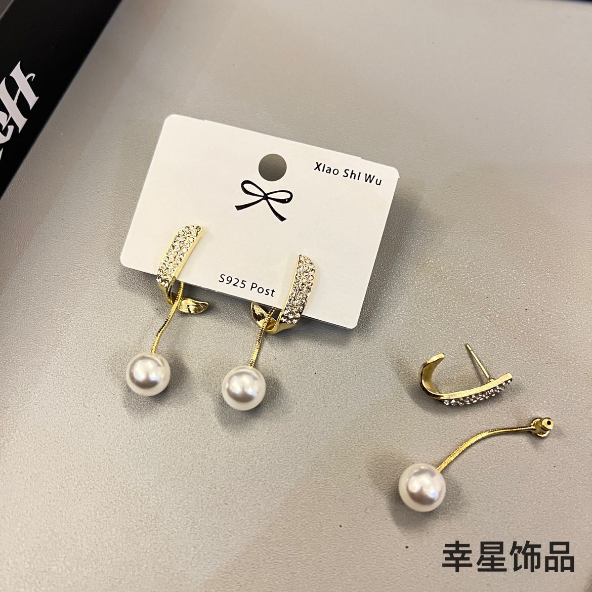 新款仿珍珠耳环花朵长短款耳坠小众气质耳钉简约大方高雅耳饰首饰详情3