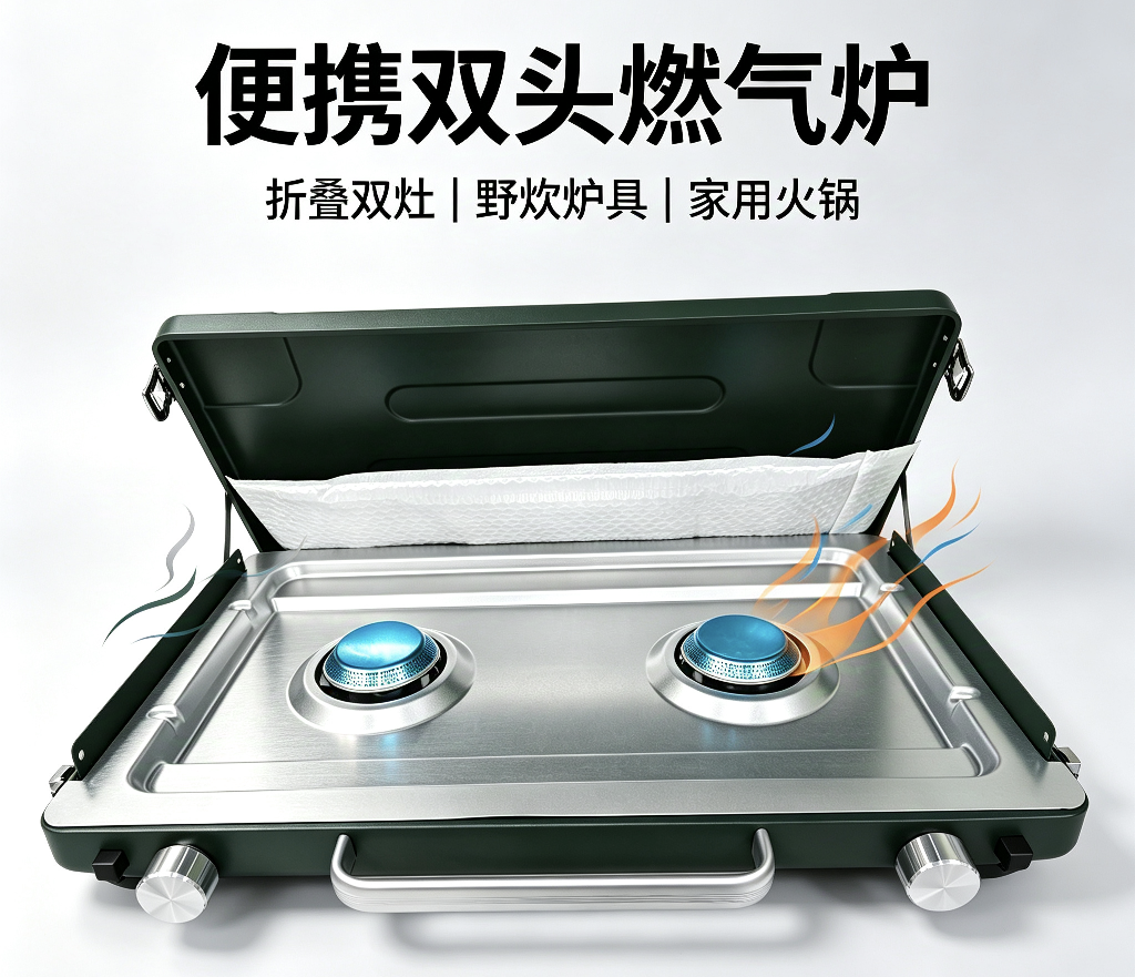 便携双头燃气炉 折叠卡式炉 双灶野炊炉具 家用火锅炉 户外燃气炉产品图