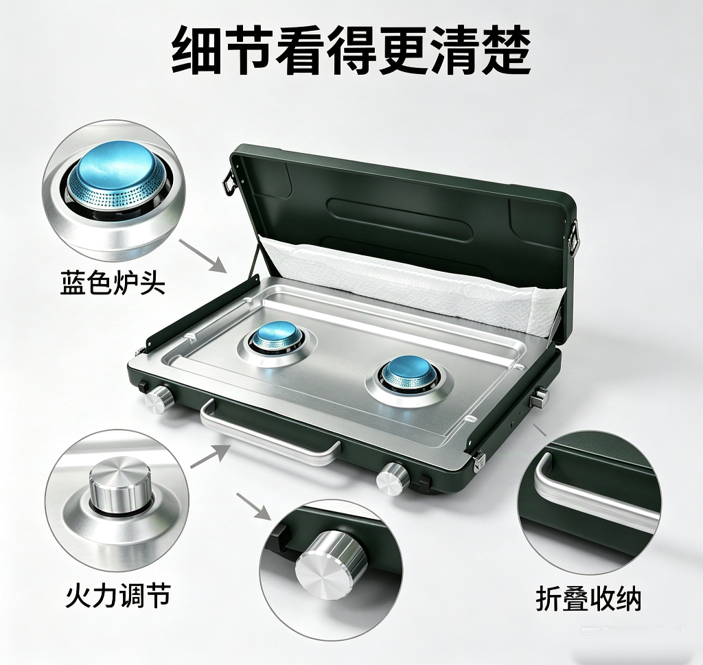 便携双头燃气炉 折叠卡式炉 双灶野炊炉具 家用火锅炉 户外燃气炉详情图2