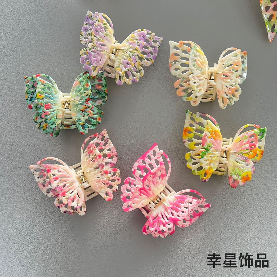 韩版超仙双层蝴蝶发夹后脑勺盘抓夹子大号彩色鲨鱼夹水转印发饰品