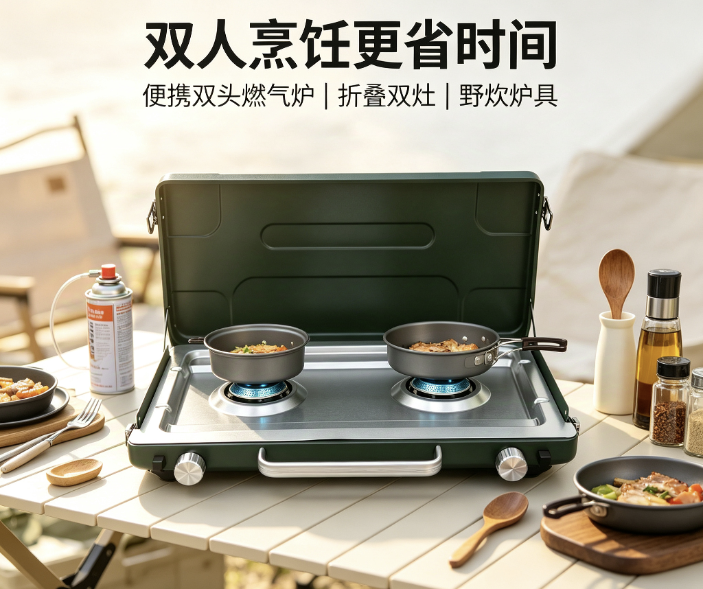 便携双头燃气炉 折叠卡式炉 双灶野炊炉具 家用火锅炉 户外燃气炉细节图
