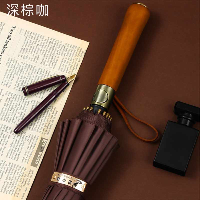 Hengdun 16-bone reinforced wind-resistant long-handled umbrella, light luxury retro solid wood bronze handle business umbrella, thickened gold rubber sun protection and UV protection, suitable for both sunny and rainy days, large double-person umbrella for heavy rain, customizable LOGO available Application Scenario