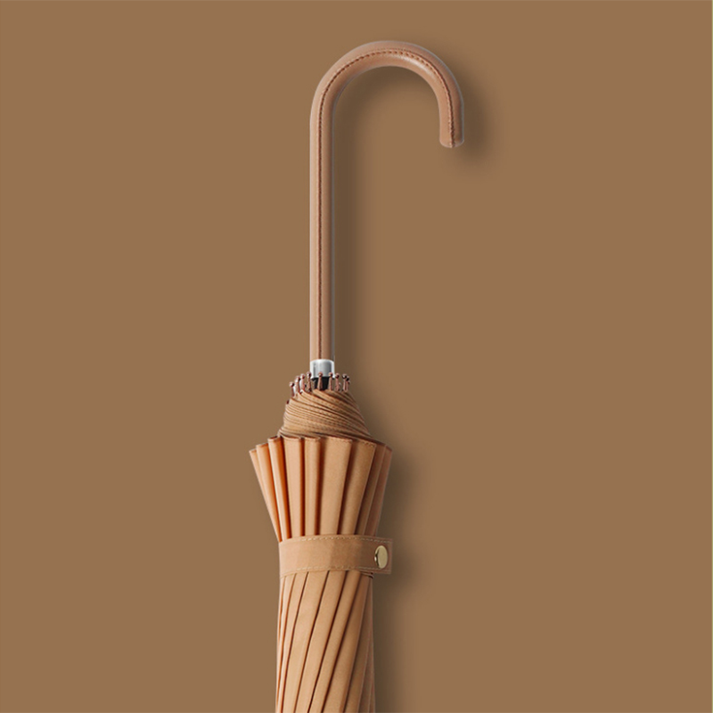 Hengdun 16-bone reinforced wind-resistant long-handled umbrella, retro curved hook leather handle straight pole umbrella, Morandi solid color enlarged umbrella surface, all-weather and all-weather umbrella, women's style artistic and simple umbrella, can be printed with enterprise LOGO advertisement umbrella Specification image