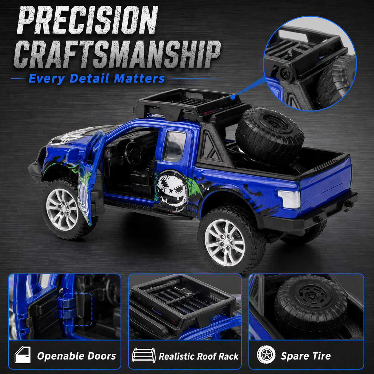 1:32 alloy off-road pickup truck F150, Rebound, door opening, lighting, music, gift and collection Specification image