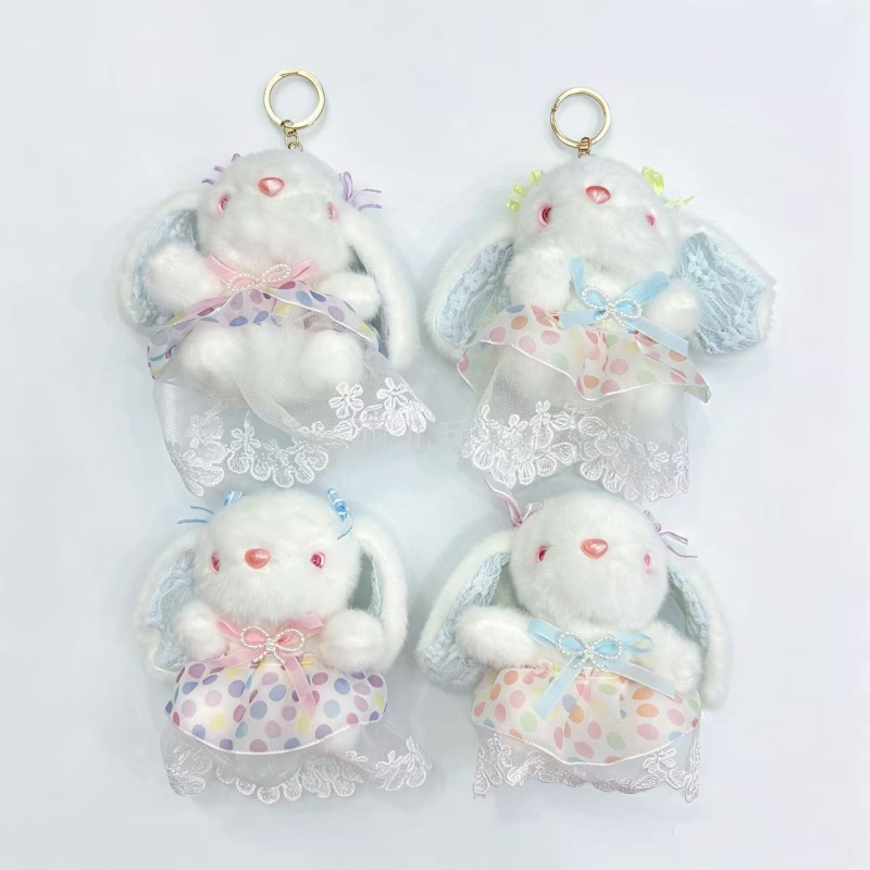 Polka dot lace chiffon dress ear-hanging rabbit plush pendant, Lolita bow little rabbit keychain gift wholesale