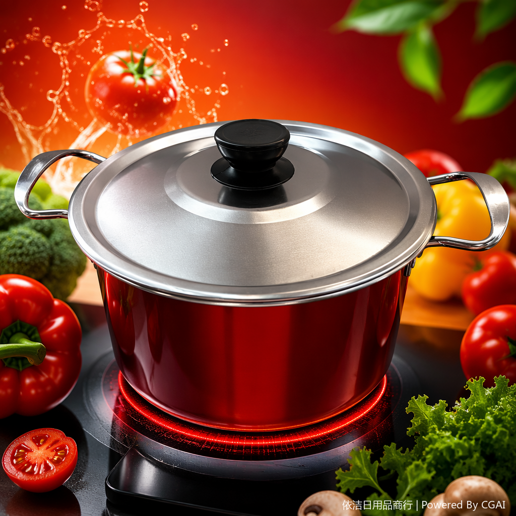 Red cookware with silver LIDS, household woks, frying pans, stew POTS, stainless steel kitchenware Application Scenario