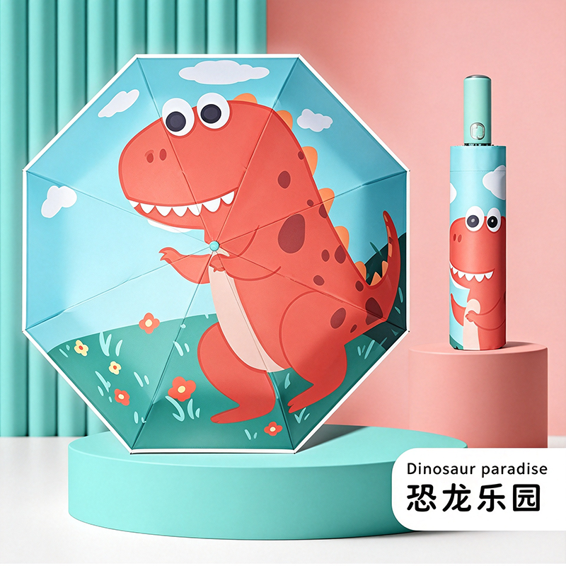 Hengdun Safety Anti-rebound Children's automatic three-fold Umbrella, light pressure controllable folding umbrella, Cartoon dinosaur unicorn print, light and portable umbrella for primary school students to go to school, sun protection, rain protection, UV protection umbrella, multiple patterns to choose from Application Scenario