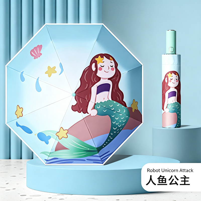 Hengdun Safety Anti-rebound Children's automatic three-fold Umbrella, light pressure controllable folding umbrella, Cartoon dinosaur unicorn print, light and portable umbrella for primary school students to go to school, sun protection, rain protection, UV protection umbrella, multiple patterns to choose from details Picture