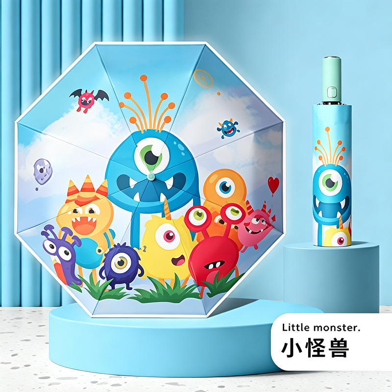 Hengdun Safety Anti-rebound Children's automatic three-fold Umbrella, light pressure controllable folding umbrella, Cartoon dinosaur unicorn print, light and portable umbrella for primary school students to go to school, sun protection, rain protection, UV protection umbrella, multiple patterns to choose from Specification image