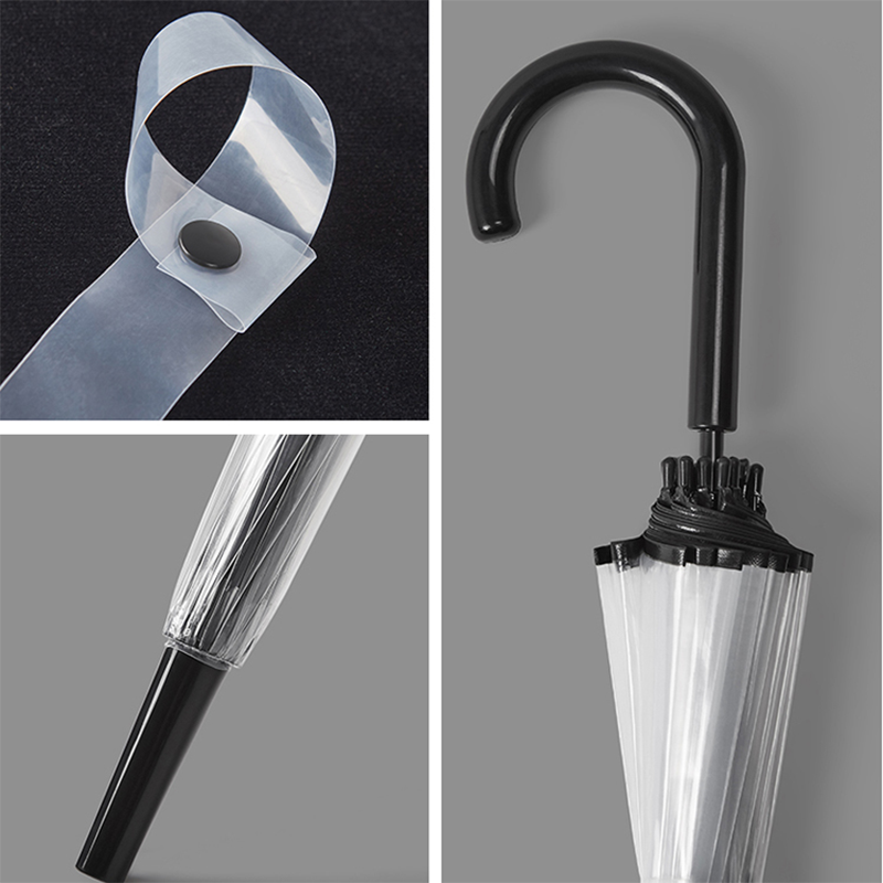 The Hengdun thickened 16-bone transparent arched umbrella with a curved hook handle is durable and wind-resistant. The PVC umbrella fabric is a popular wedding prop. The long-handled umbrella has a multi-color handle and can be customized with the enterprise logo Item Picture