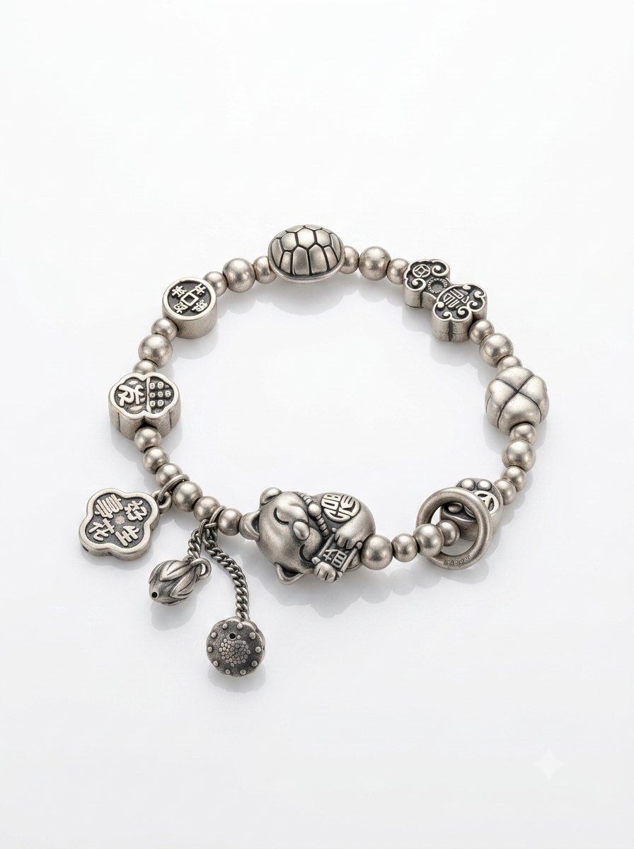 New Chinese-style ancient-style silver money cat bracelet, rich armor lotus pod Good Things happen, Ruyi Lock foot silver aged bracelet Item Picture