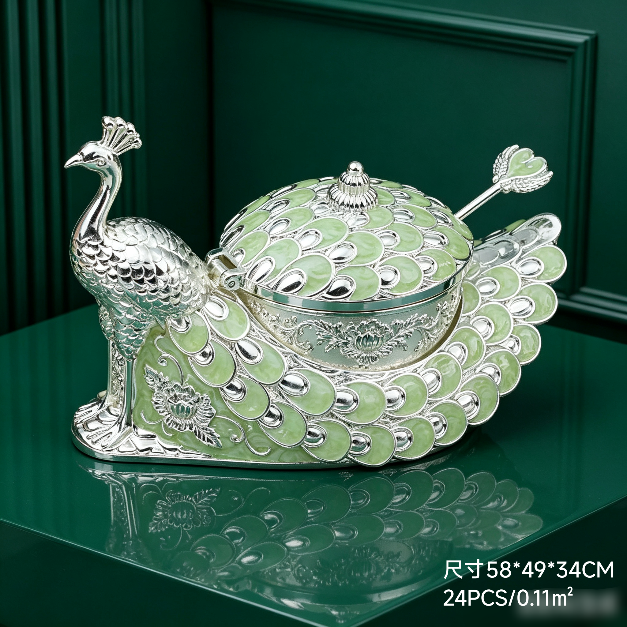 The peacock spreads its tail in a sugar bowl