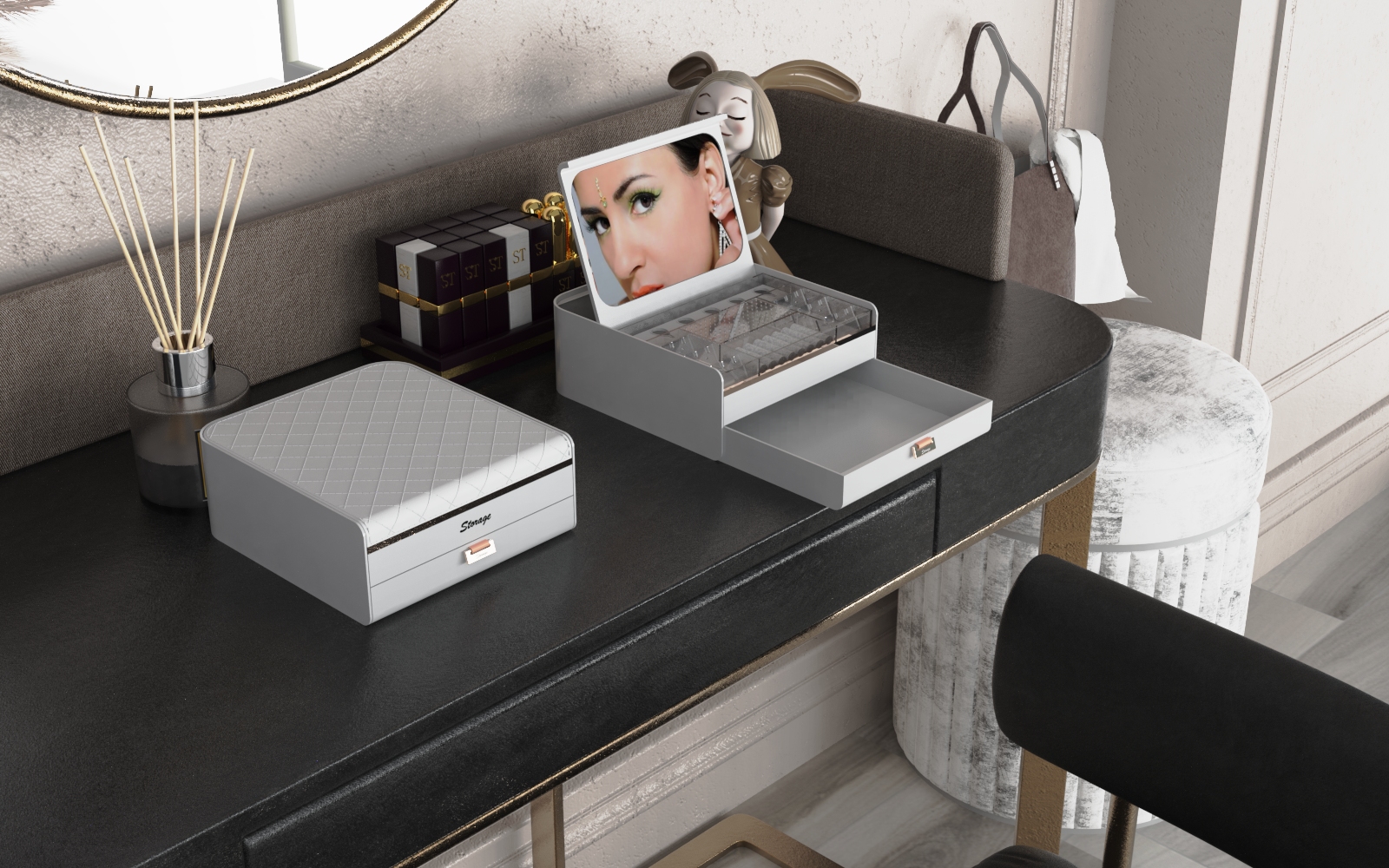 【CL】26Q2#2007 Jewelry Box with Mirror, White Gold/Silver Clear Specification image