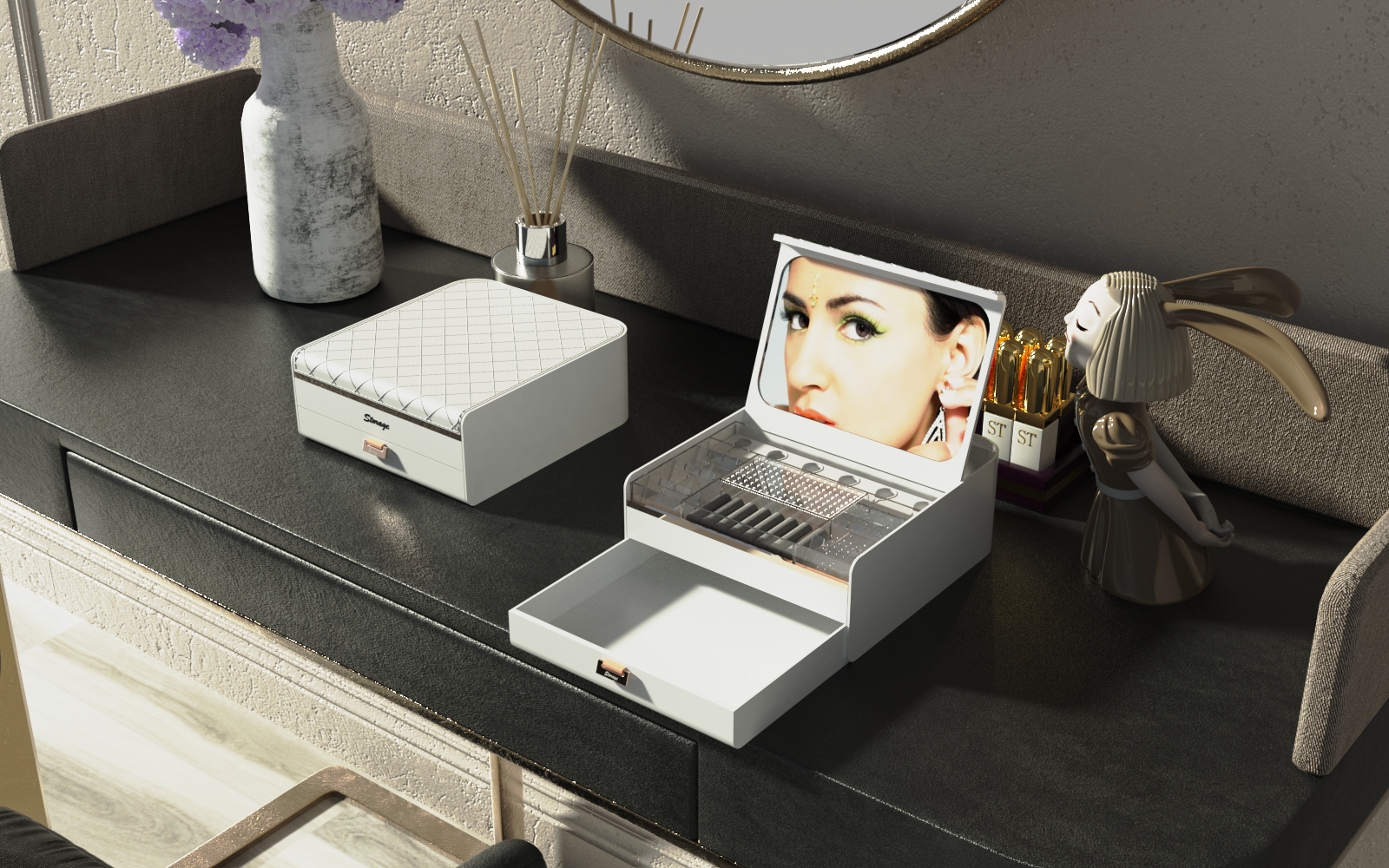 【CL】26Q2#2007 Jewelry Box with Mirror, White Gold/Silver Clear
