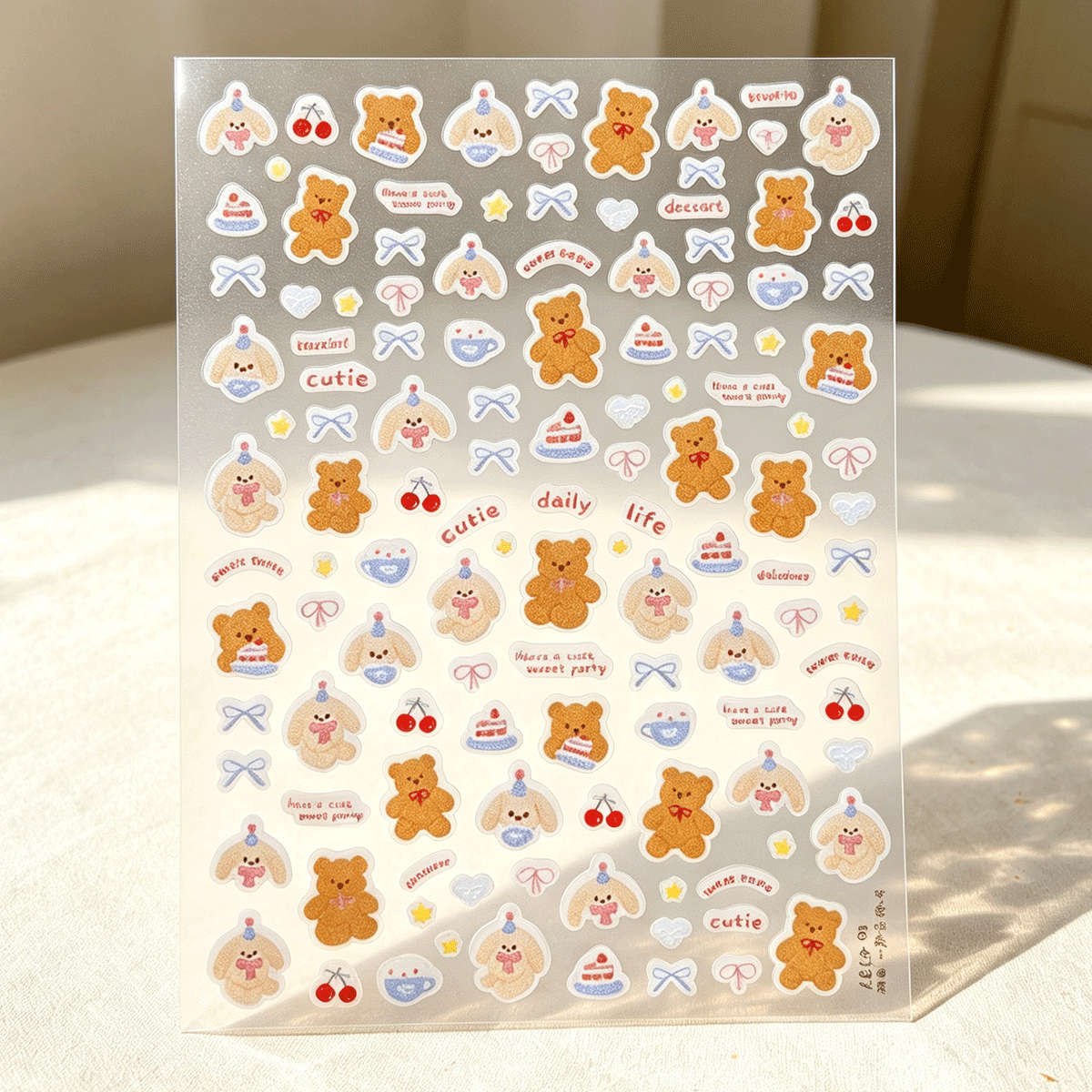 Cute cartoon bear nail art stickers, cream bow, cherry small patterns, waterproof self-adhesive Guka notebook decoration small stickers Specification image