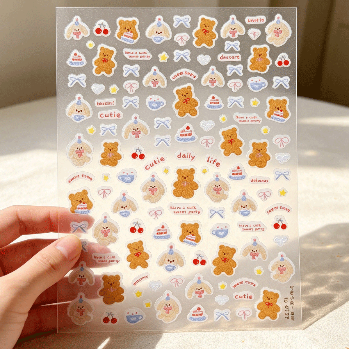 Cute cartoon bear nail art stickers, cream bow, cherry small patterns, waterproof self-adhesive Guka notebook decoration small stickers