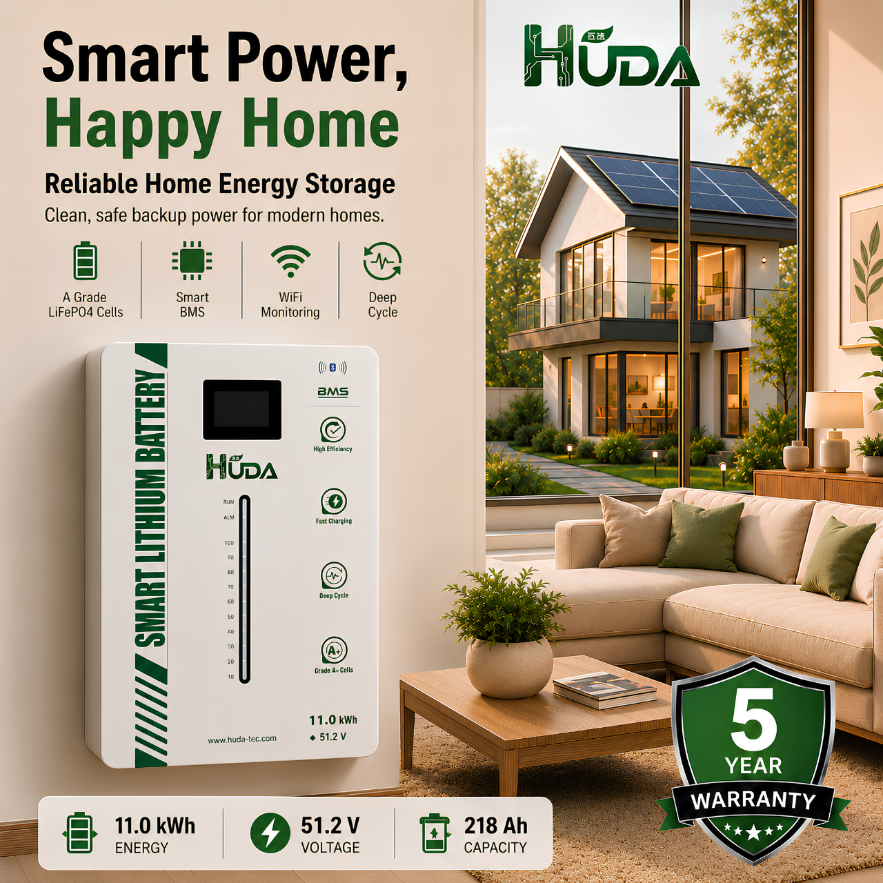 HUDA 11KWh HDL218S16-11K montaje en la pared pv almacenamiento de energía batería de litio LiFePO4 sistema de almacenamiento de energía de toda la casa potencia de respaldo de emergencia bluetooth inteligente Specification image