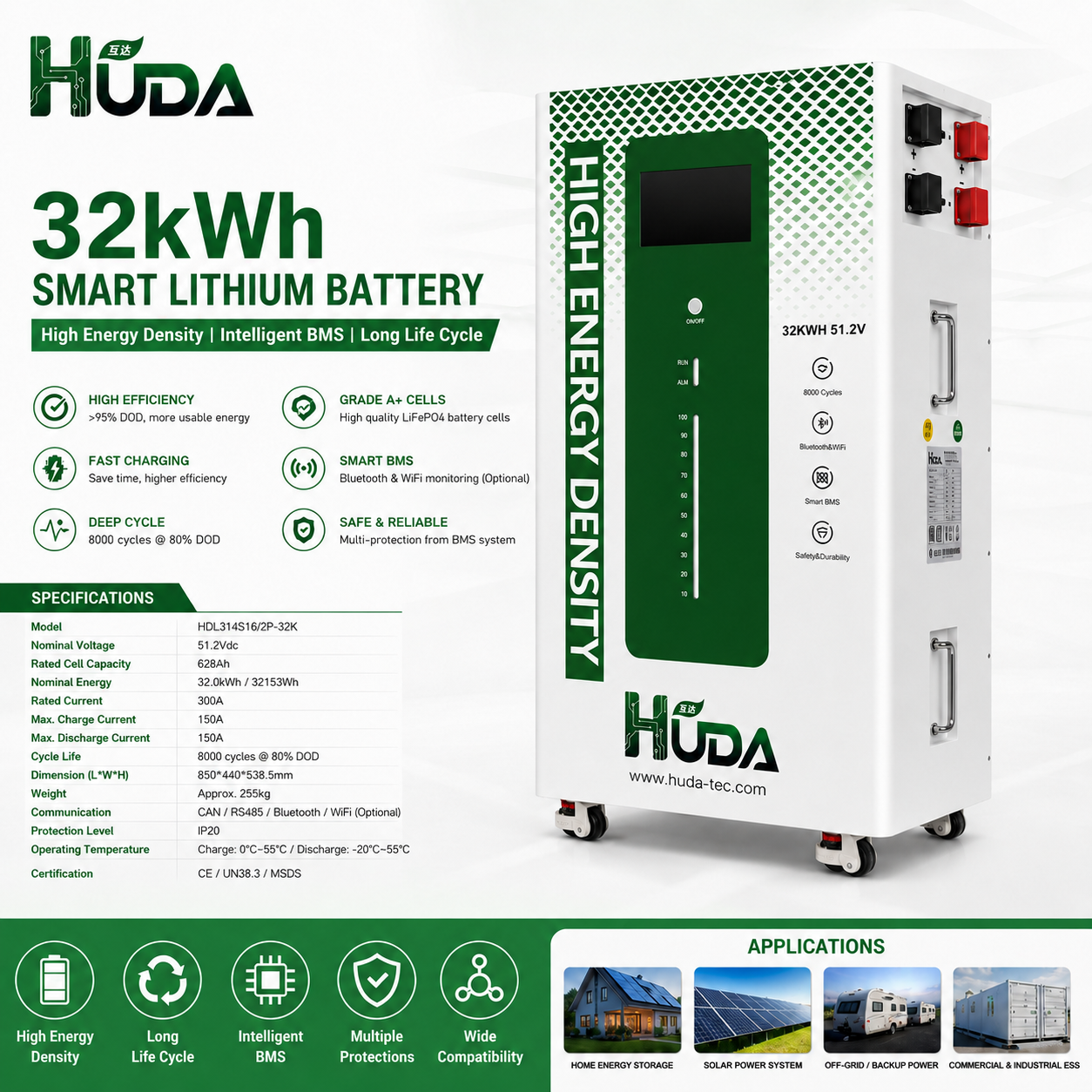 HUDA 32KWh HDL314S16/2P-32K wall-mounted photovoltaic energy storage lithium battery LiFePO4 RV and yacht backup power household energy storage Item Picture