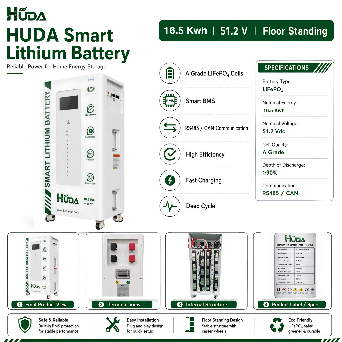 HUDA 16.5KWh wall-mounted photovoltaic energy storage lithium battery LiFePO4 villa whole-house energy storage system, RV and yacht emergency backup power supply, Bluetooth smart household energy storage Item Picture