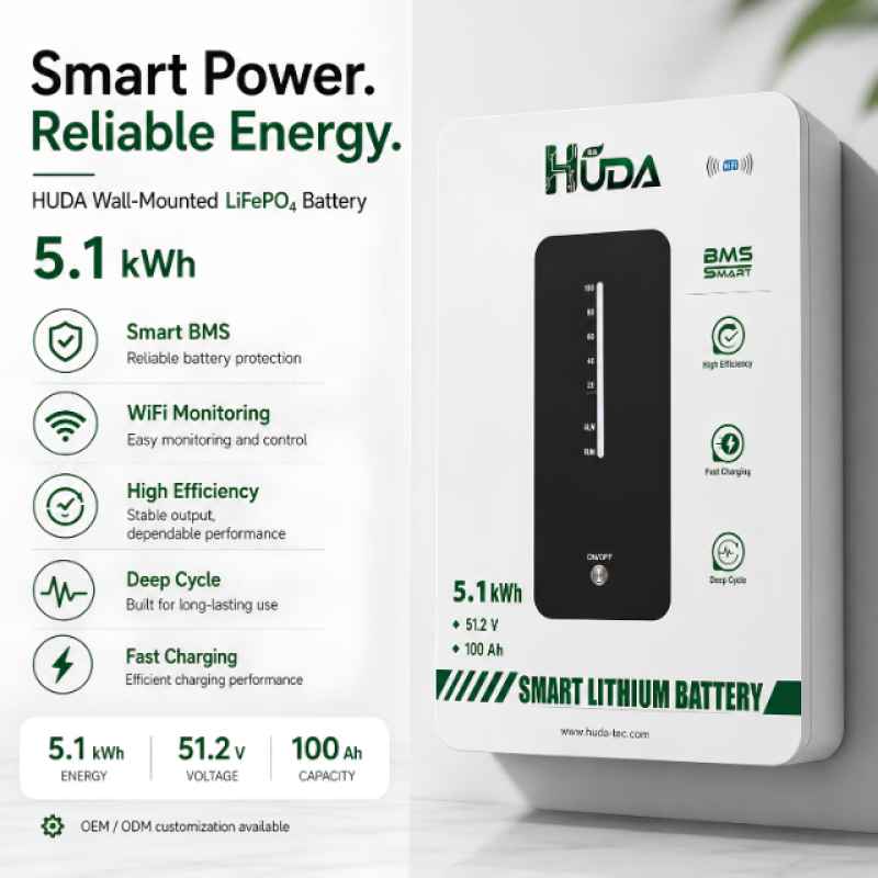 HUDA 5.1KWh HDL100S8-5.1K wall-mounted photovoltaic energy storage lithium battery LiFePO4 whole-house energy storage emergency system Bluetooth smart details Picture