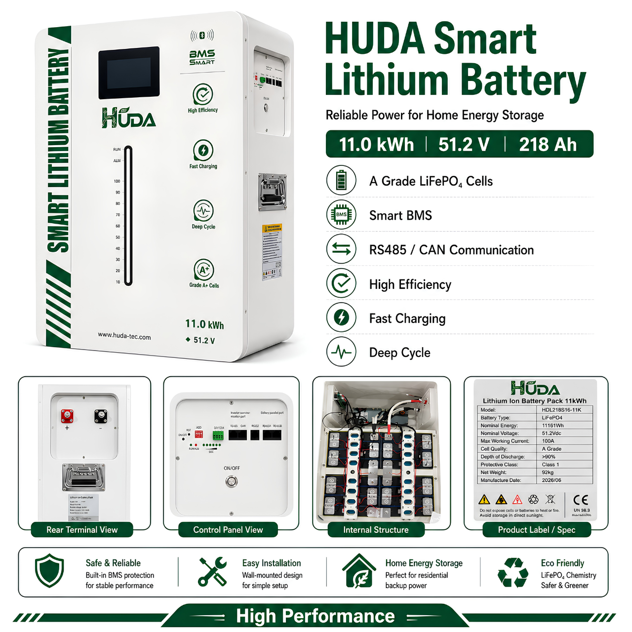 HUDA 11KWh HDL218S16-11K montaje en la pared pv almacenamiento de energía batería de litio LiFePO4 sistema de almacenamiento de energía de toda la casa potencia de respaldo de emergencia bluetooth inteligente details Picture