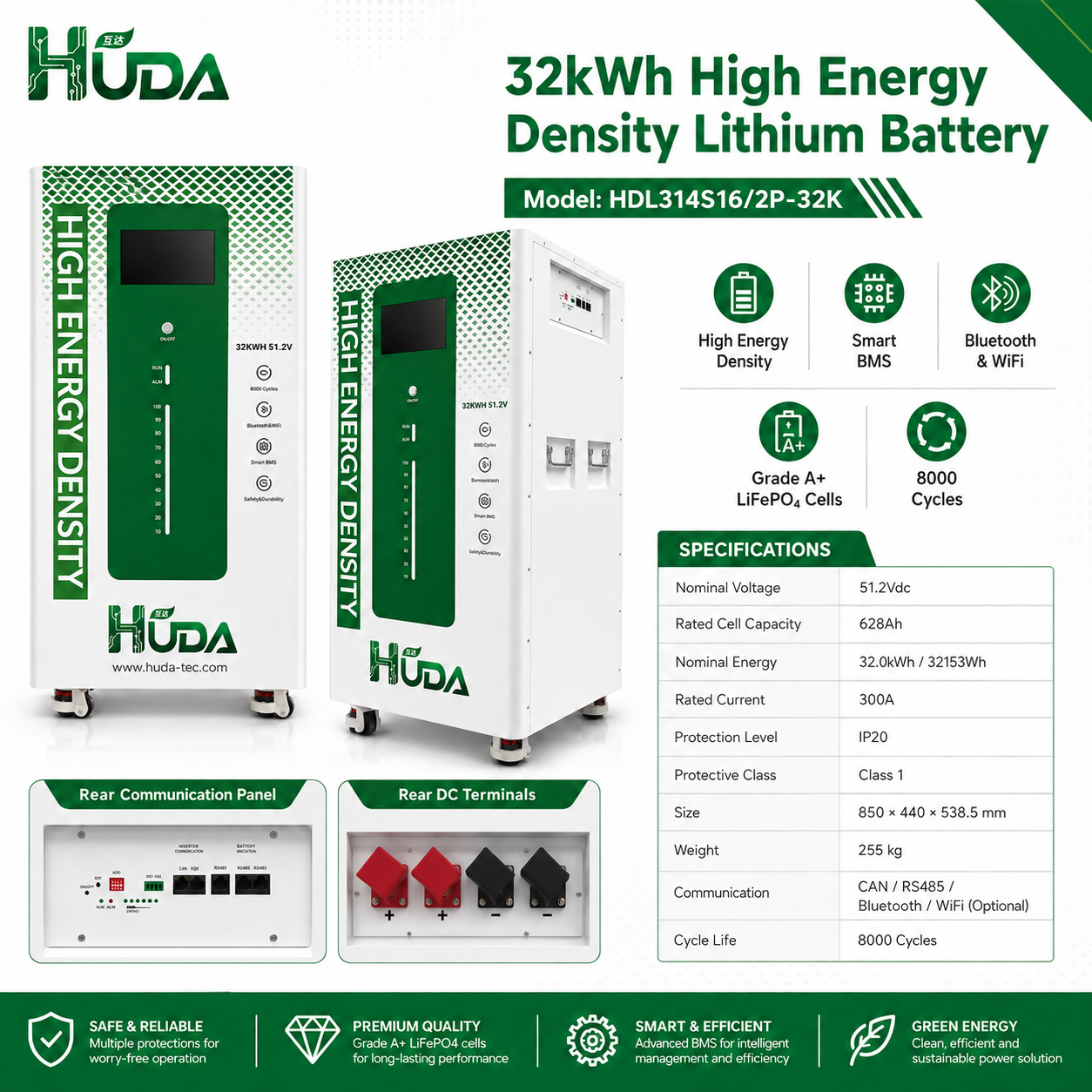 HUDA 32KWh HDL314S16/2P-32K wall-mounted photovoltaic energy storage lithium battery LiFePO4 RV and yacht backup power household energy storage details Picture