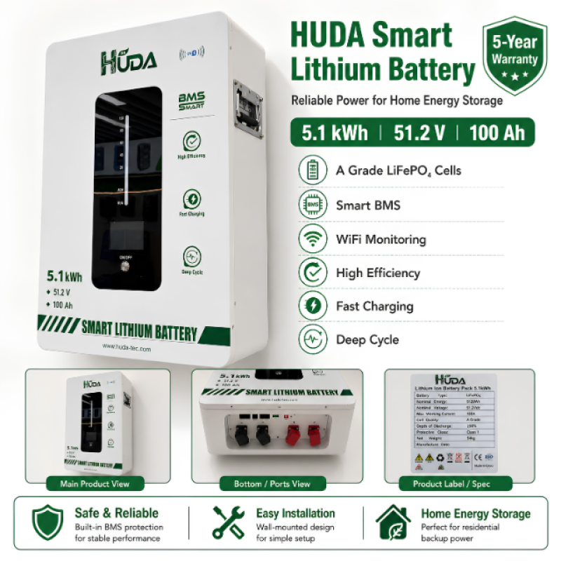 HUDA 5.1KWh HDL100S8-5.1K wall-mounted photovoltaic energy storage lithium battery LiFePO4 whole-house energy storage emergency system Bluetooth smart Item Picture