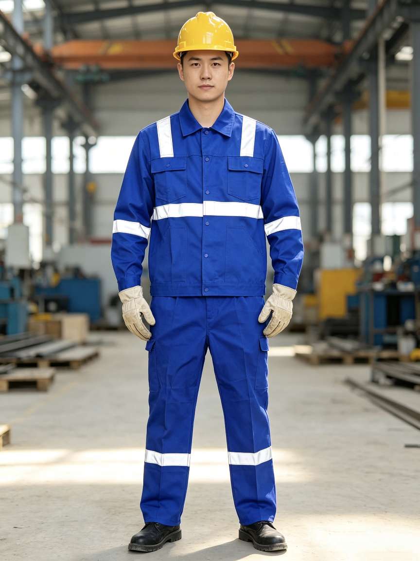 Long-sleeved reflective work clothes set in royal blue, construction site engineering labor protection clothing, multi-pocket reflective strip work clothes, two-piece set, royal blue reflective strip work clothes set, long-sleeved labor protection work clothes for construction site workshops