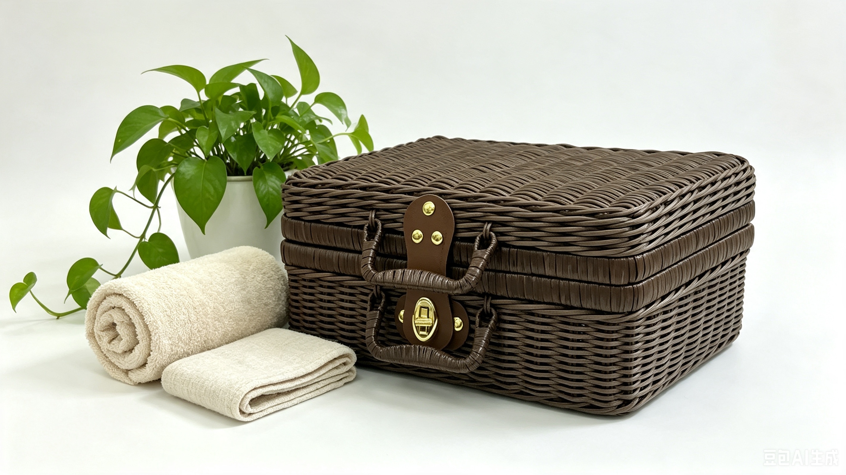 Grayish-brown imitation rattan weaving storage box set, indoor organizing storage box, book placement organizing box, women's cosmetics storage carrying box, outdoor camping picnic basket details Picture
