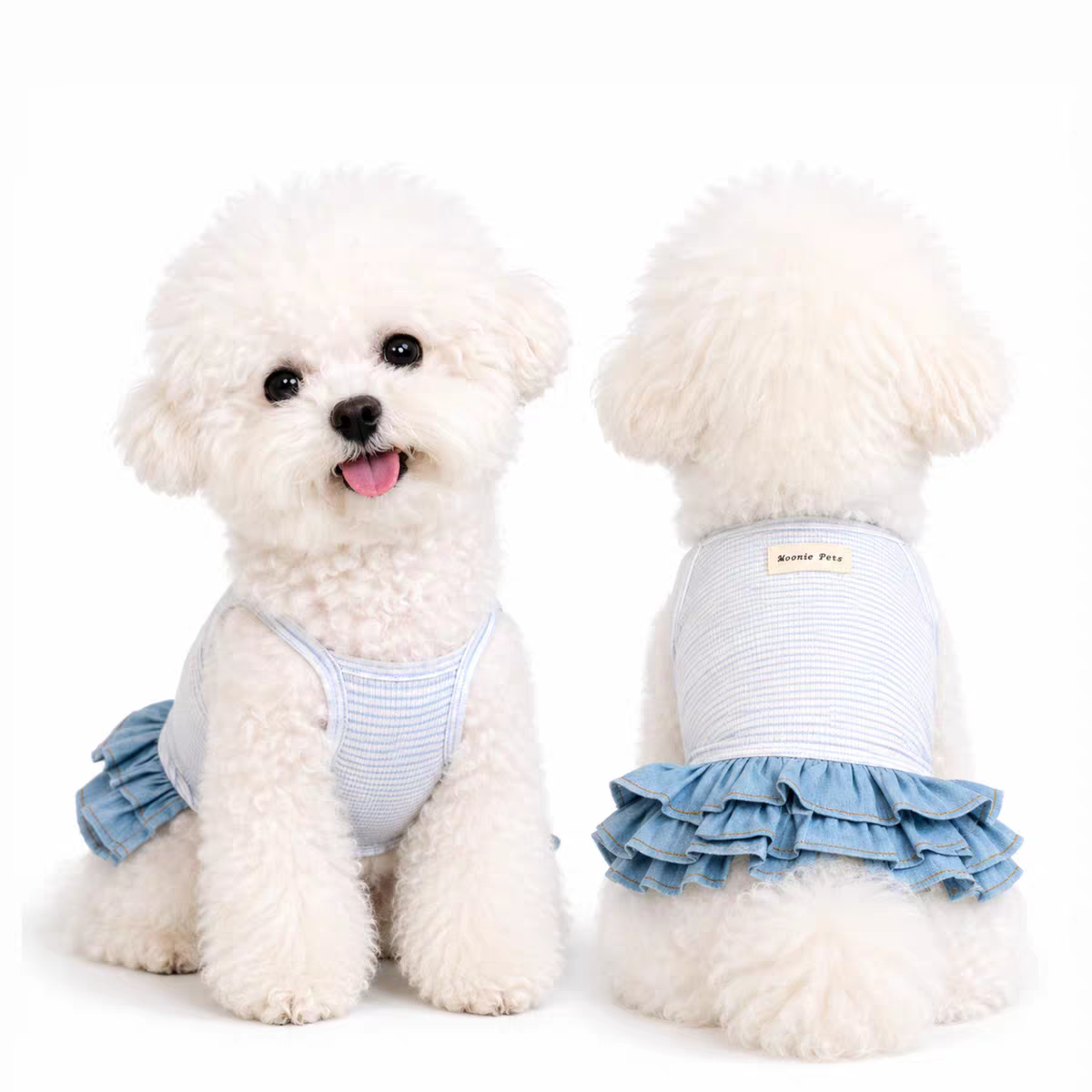 Korean-style striped pet halter dress, denim cake hem, summer thin dress