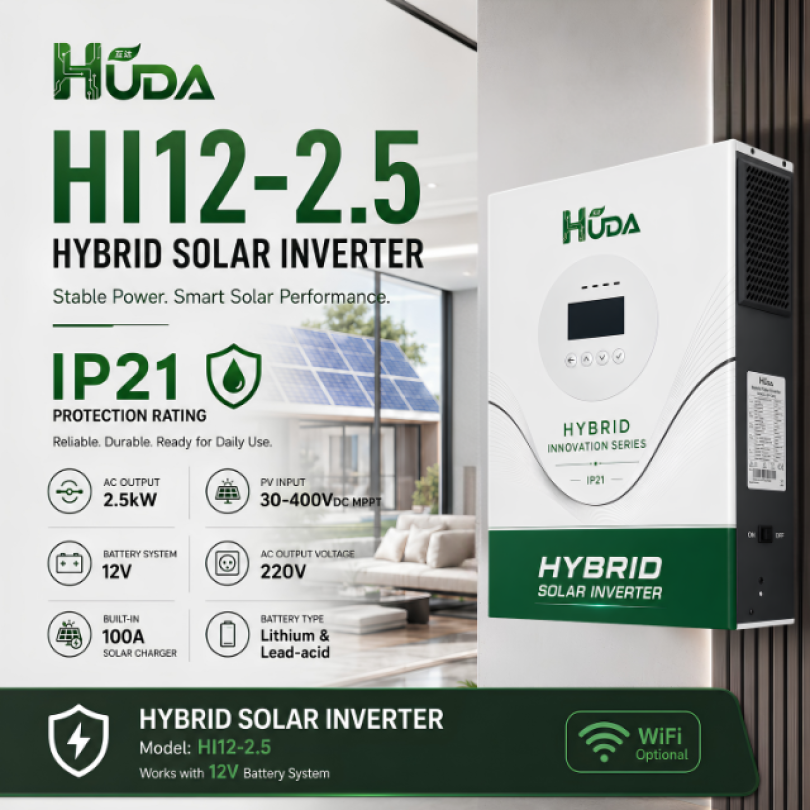HUDA HI12-2.5 2.5KW 12V Hybrid Solar inverter battery Home off-grid photovoltaic integrated machine with built-in 50A MPPT controller details Picture