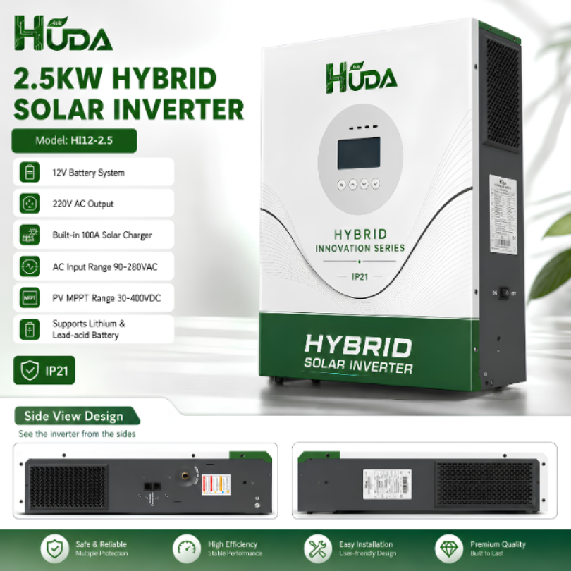 HUDA HI12-2.5 2.5KW 12V Hybrid Solar inverter battery Home off-grid photovoltaic integrated machine with built-in 50A MPPT controller Item Picture