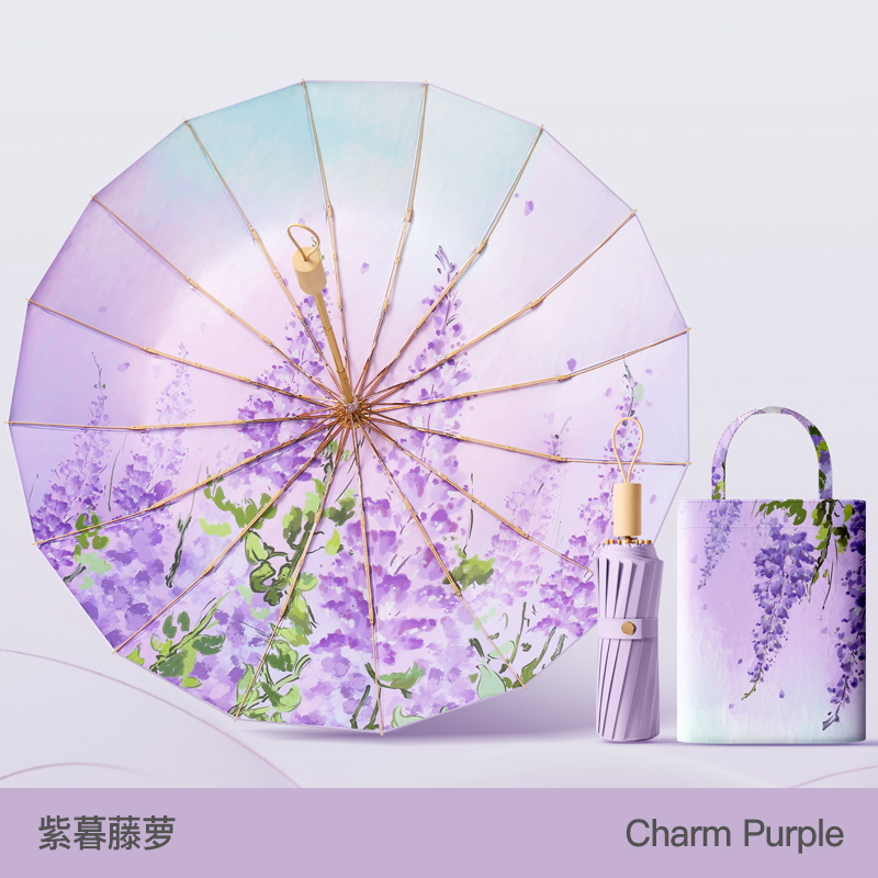 Hengshion 16 huesos pintura ilustración paraguas soleado UPF50 + alta protección solar paraguas triple plegable mango de tronco oro hueso reforzado viento nacional pintura al óleo paraguas plegable floral a juego del mismo color bolsa de mano paraguas de regalo Specification image