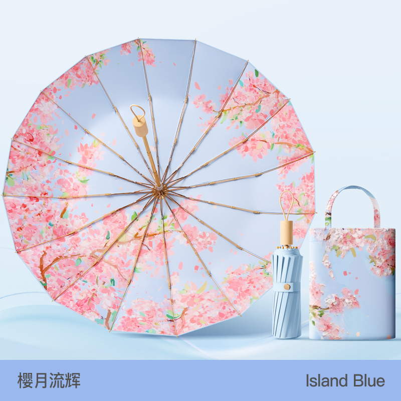 Hengshion 16 huesos pintura ilustración paraguas soleado UPF50 + alta protección solar paraguas triple plegable mango de tronco oro hueso reforzado viento nacional pintura al óleo paraguas plegable floral a juego del mismo color bolsa de mano paraguas de regalo Application Scenario