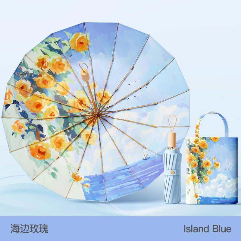 Hengshion 16 huesos pintura ilustración paraguas soleado UPF50 + alta protección solar paraguas triple plegable mango de tronco oro hueso reforzado viento nacional pintura al óleo paraguas plegable floral a juego del mismo color bolsa de mano paraguas de regalo